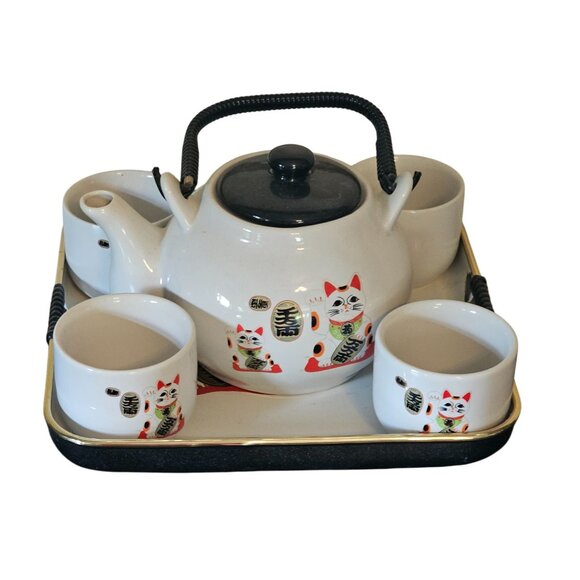 Maneki Neko Lucky Cat Ceramic Tea Set Teapot Cups Tray Handles Made In China - Picture 1 of 16